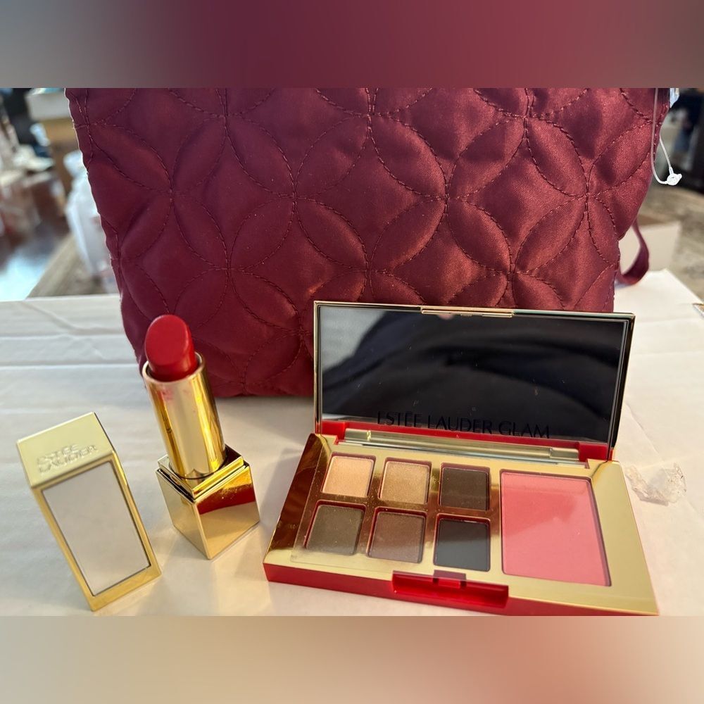 Estee Lauder Lipstick, Eyeshadow, Blush, plus Quilted Burgundy Cosmetic Bag